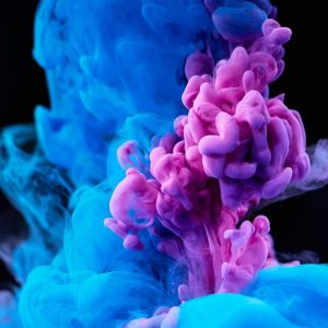 Dynamic high-speed photography capturing pink and blue ink swirling in water.